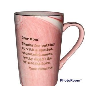 Dear Mom Ceramic Coffee Mug Marble Gold Trim Pink White Swirl Tea Cup 12 fl oz.